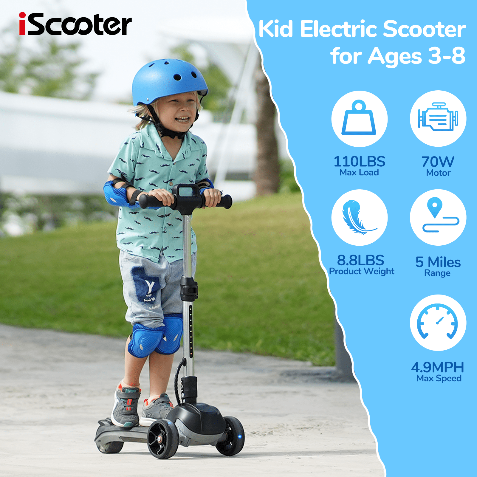 iScooter Electric Scooter for Kids Ages 3-6, Bluetooth Music Speaker, LED Light-up Wheels, Thumb Accelerator, 3-Adjustable Height Toddler Motorized Scooters, 3-Wheels Electric Scooter for Girls/Boys