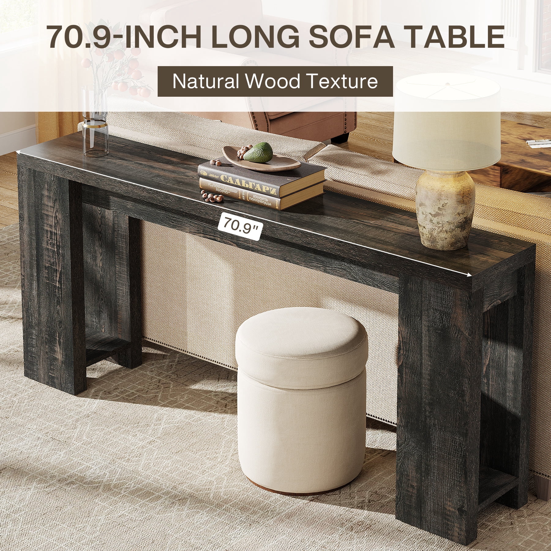 Finmind 71" Long Console Table, Narrow Black Entryway Table Wood Sofa Table