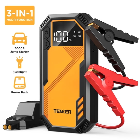 5000A Car Battery Charger Jump Starter, Portable Car Jump Starter with Dual USB Quick Charge and DC Output, 12V Jump Pack with Built-in LED Bright Light, Yellow