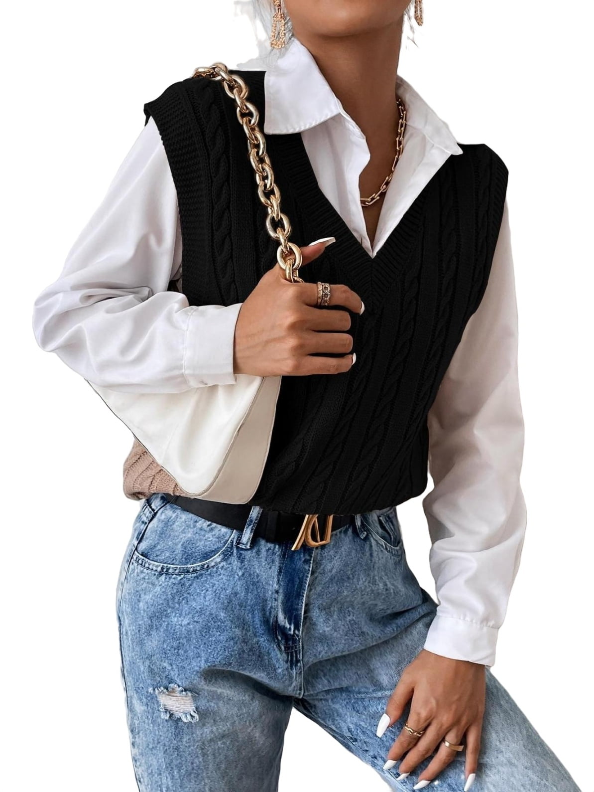 Black Solid Casual Regular Fit Women's Sweater Vests