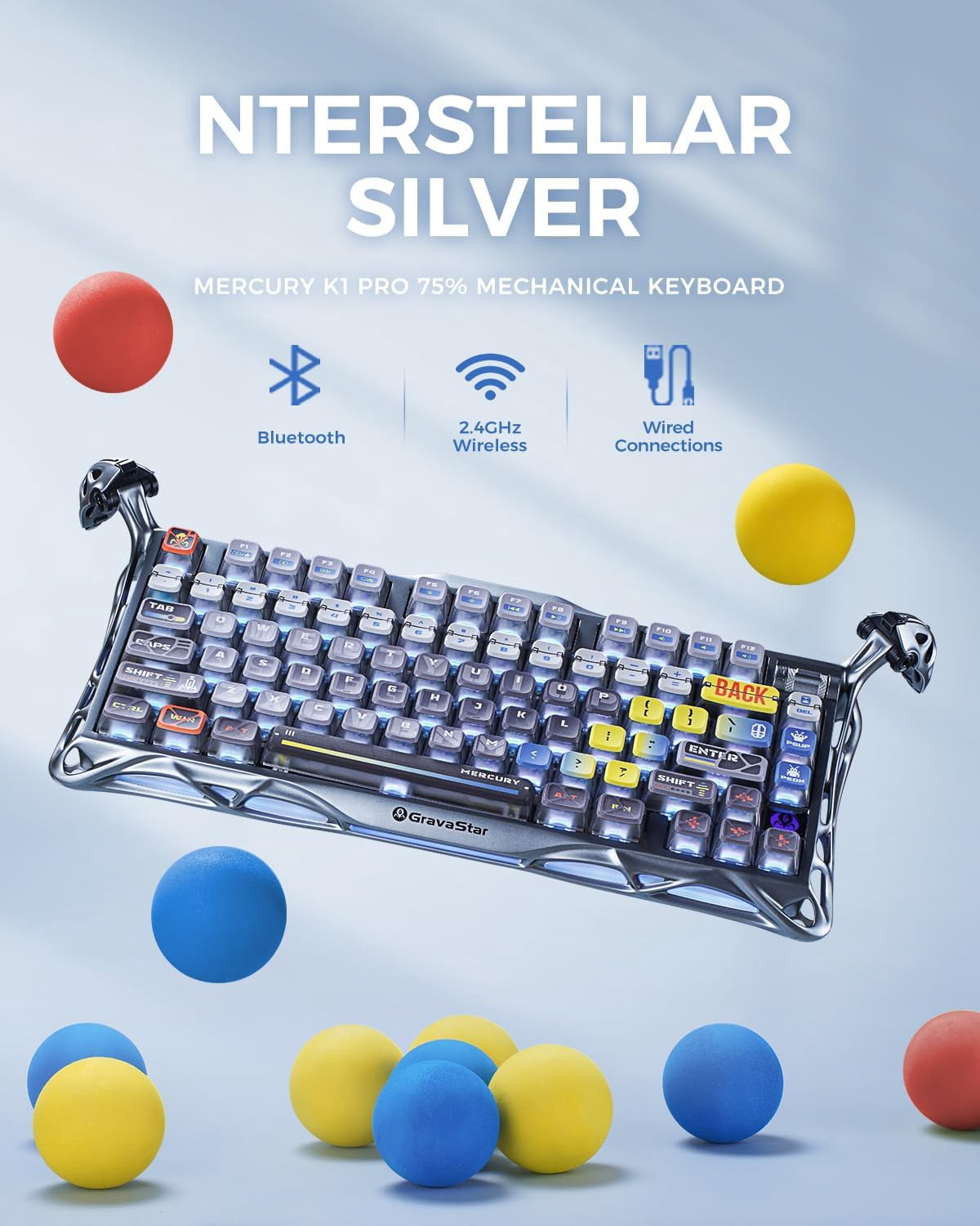 GravaStar Mercury K1 Pro 75% Wireless Mechanical Keyboard, Gasket Mount, 8000mAh Battery, Kailh Speedy Mint Linear Switches, Dual RGB - Interstellar Silver