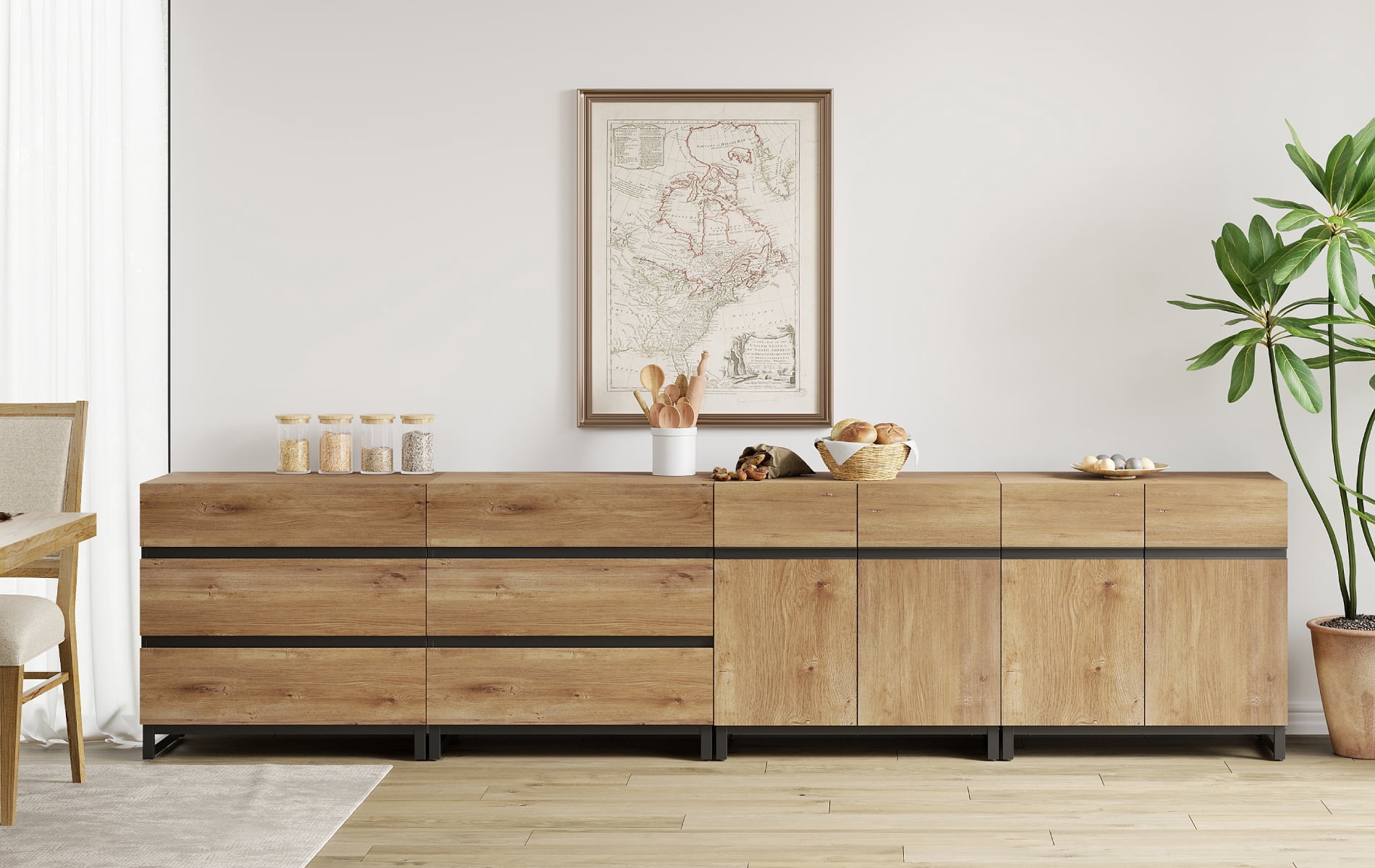 Modern Multifunctional Buffet Sideboard, Storage Cabinet with Hidden Handle & Adjustable Shelves for Home Decor,Oak