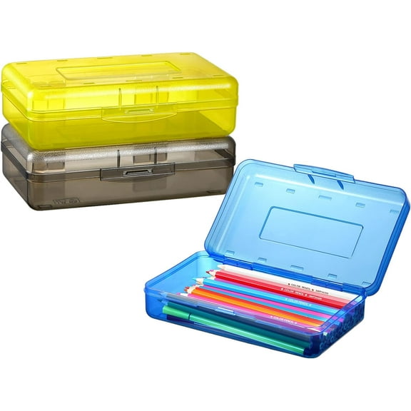 School Supplies 3 Pack Large Capacity Hard Pencil Case, Plastic Crayon Pencil Boxes Bulk with Snap-tight Lid, Clear Storage Box Craft Pen Art Marker Organizer Stackable for Kids Boys Girls School