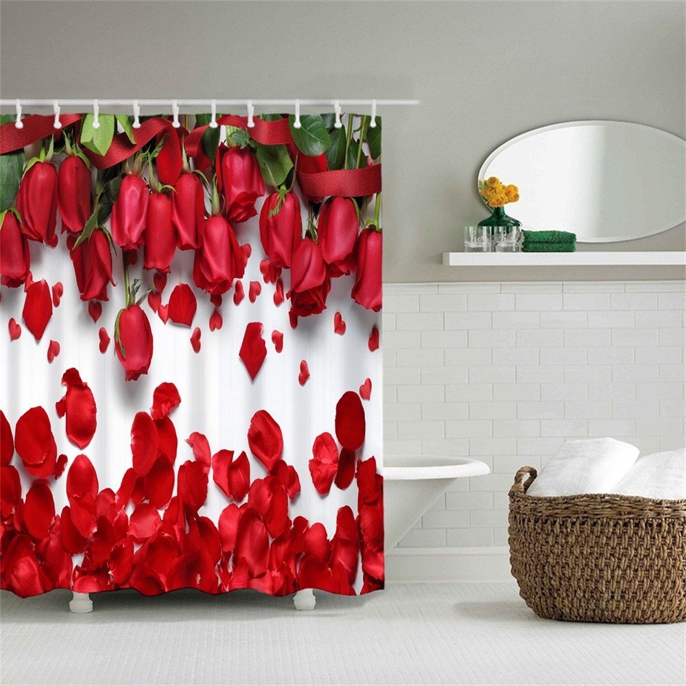 Fabric Bath Curtain For Bathroom With Hooks Red Rose Washable Printed Curtain Bathroom Decor Waterproof Polyester Accessories Bath Curtain Red White Walmart Canada