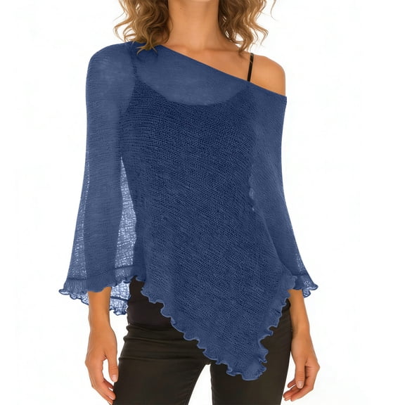 BLTIBY Womens Cover Up One Shoulder Knit Asymmetric Shrug Pullover Sweater Trendy Beach Vacation Sheer Poncho Mesh Blouse Dark Blue Free Size