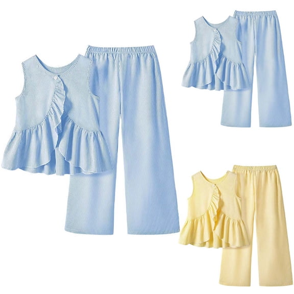 Girls Outfits 2 Piece Crew Neck Solid Print Sleeveless Stripe Lace Tops And Wide Leg Pants Casual Girls' Clothing Sets Blue 10 Years-11 Years