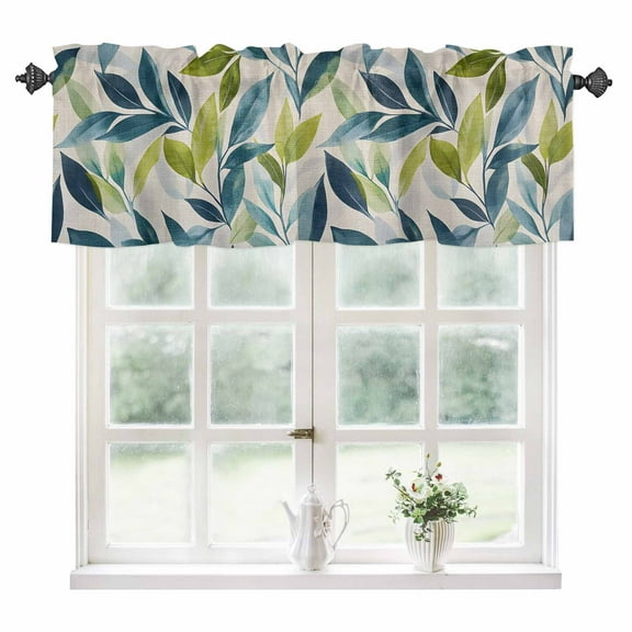 Teal Green Leaves Kitchen Valances for Windows 42x12 Inch Kitchen Curtains Valances Rod Pocket Pastoral Summer Botanical Rustic Bathroom Window Valances for Window Treatment Decor