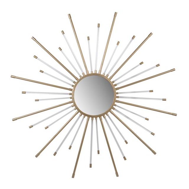 Benzara BM202286 Iron Mirror with Sparkled Sunburst Design, White & Gold - Large