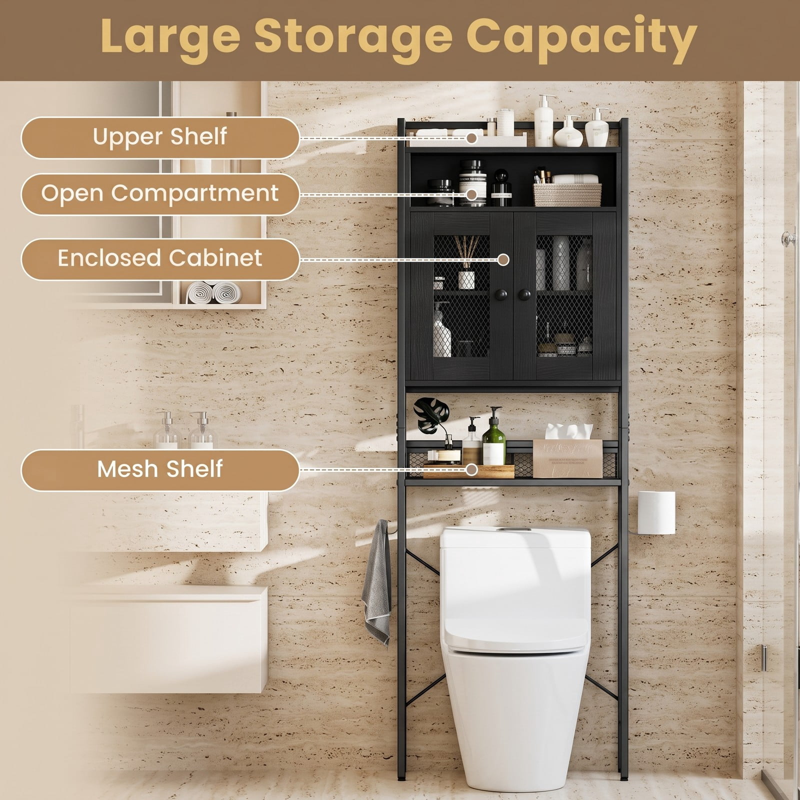 ALPULON Freestanding Over the Toilet Storage Cabinet with Heavy Duty X-Shaped Metal Frame and 2 Breathable Mesh Doors, Black