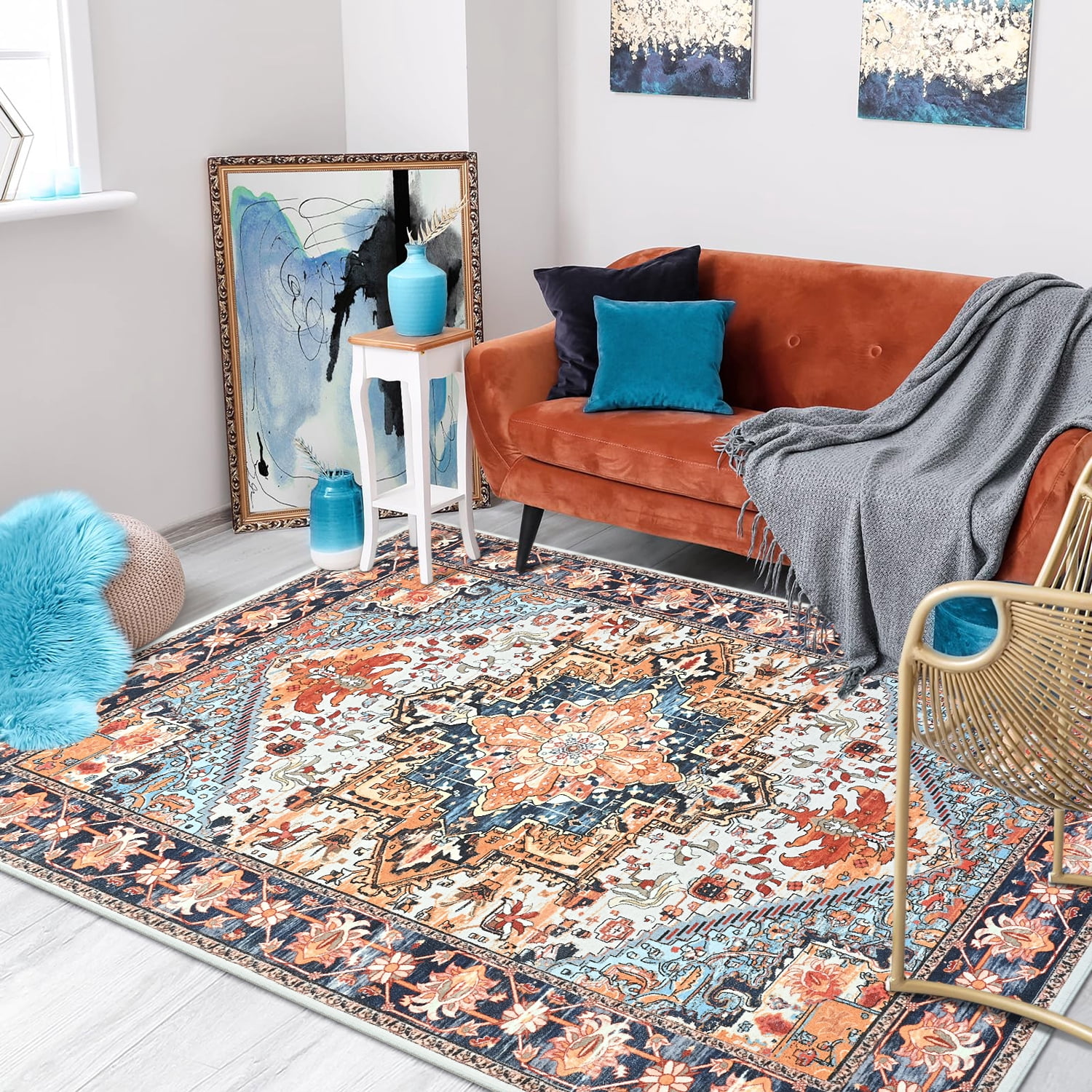 Lochas Vintage Floral Rugs Soft Accent Area Rug Low-Pile Carpet for Living Room Bedroom Home Decor,6'x9',Orange