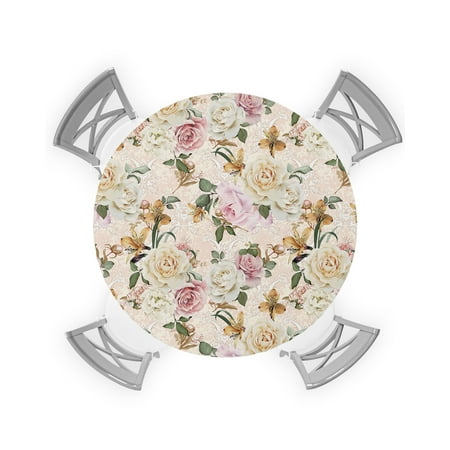 

Round Tablecloth with Elastic Floral Spring Flower Retro Texture Waterproof Stain-proof Table Cover Wipeable Fitted Table Cloths for 55 -60 Round Tables Dining Kitchen