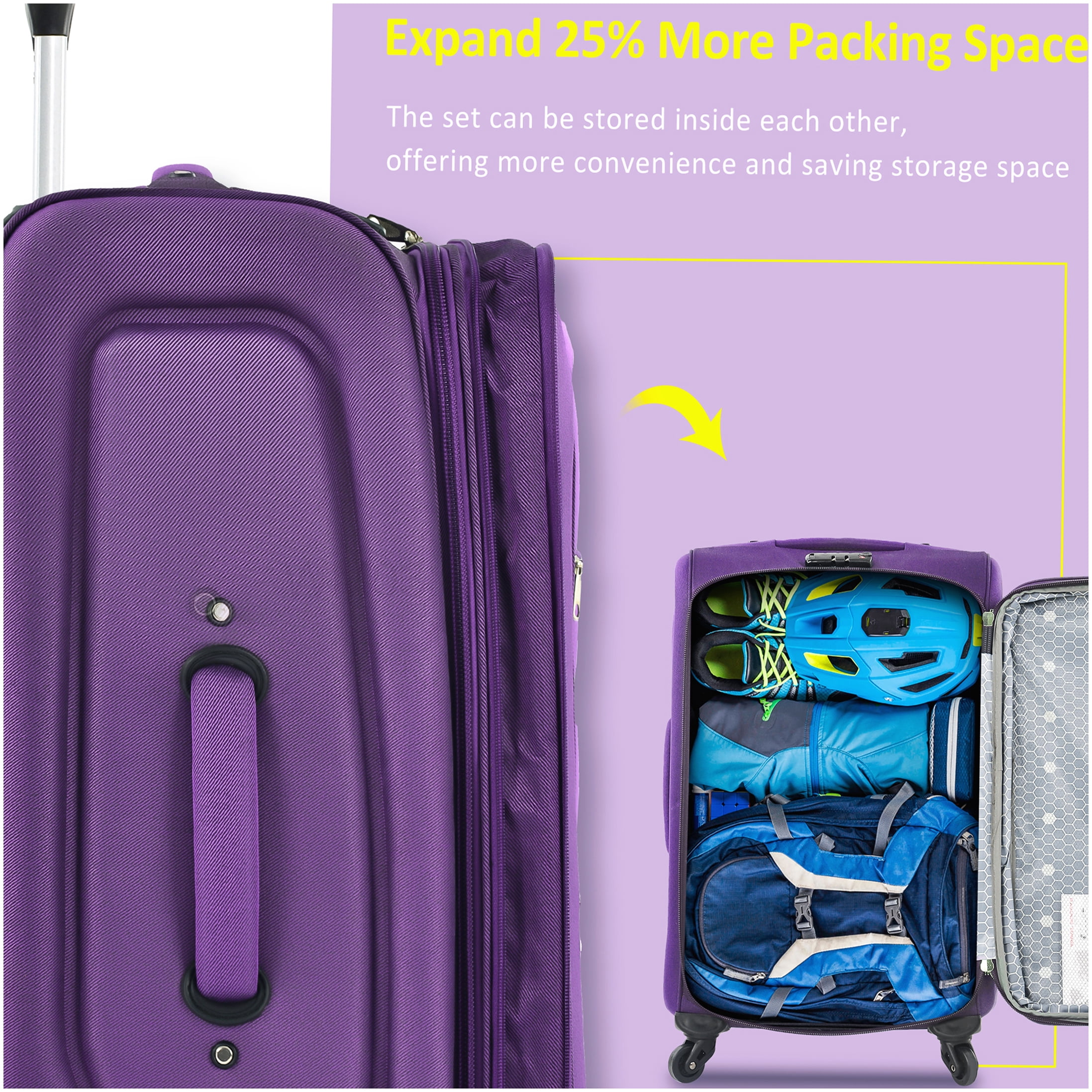 3-Piece Expandable Softside Luggage Set in Purple, Lightweight TSA Lock Spinner Suitcases