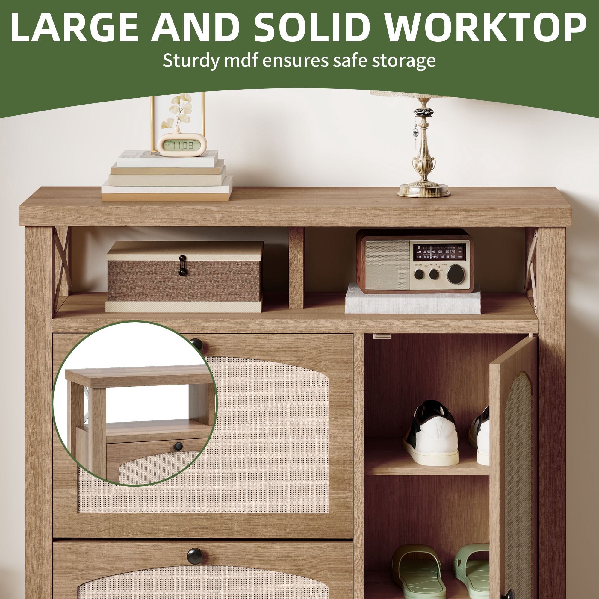 Uforic Shoe Cabinet with 2 Flip Drawers & Door, Farmhouse Shoe Organizer  Rack with Open Shelf, Oak
