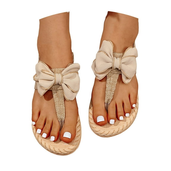 Mepaouo Women's Linen Flip Flops Bow Open Toe Beach Slippers Shoes Vacation Slip on Slide Sandals