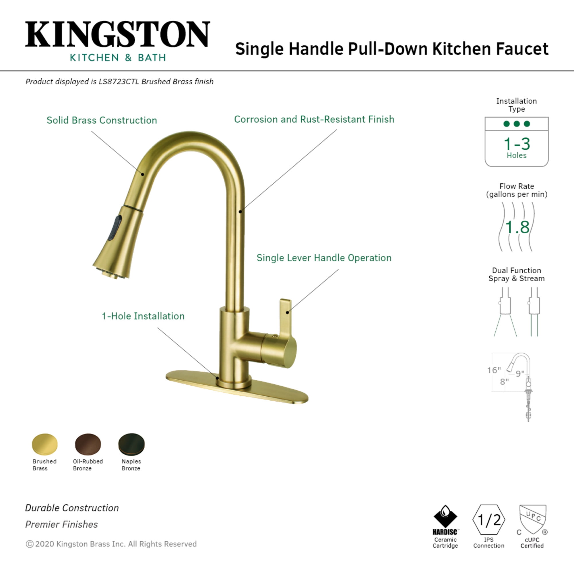 Kingston Brass LS8725CTL Continental Single-Handle Pull-Down Kitchen Faucet in Oil Rubbed Bronze