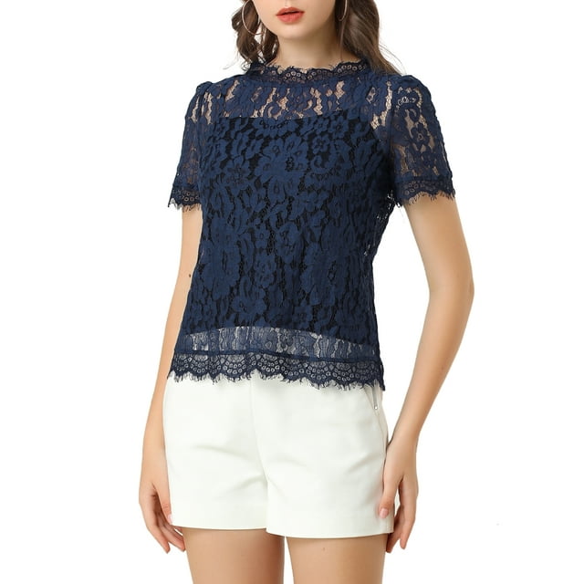 INSPIRE CHIC Women's Scalloped Trim Semi Sheer Floral Lace Top