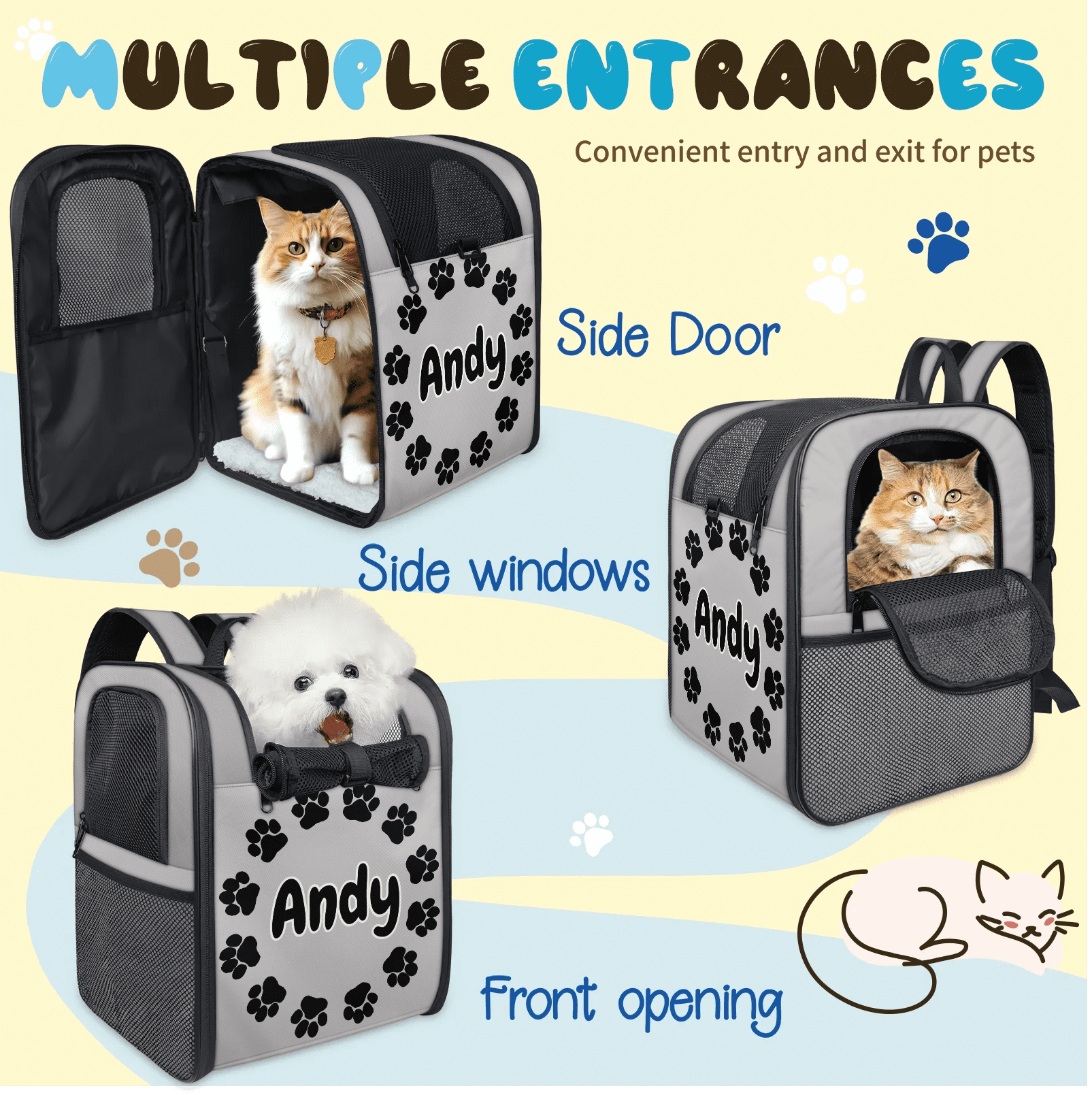 Custom Name Cat Carrier Backpack,Peresonalized Pet Backpack for Small Dogs & Cats Under 13lbs,Ventilated Pet Backpack Bag for Camping Biking Hiking Travel