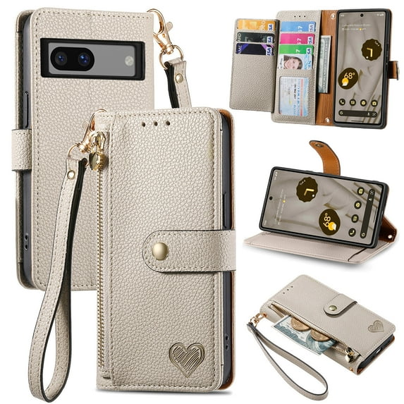 Wallet Case for Google Pixel 7 Women Men, Durable PU Leather Magnetic Flip Lanyard Strap Wristlet Zipper Card Holder Kickstand Wallet Phone Case Cover Full Body Protection, Gray