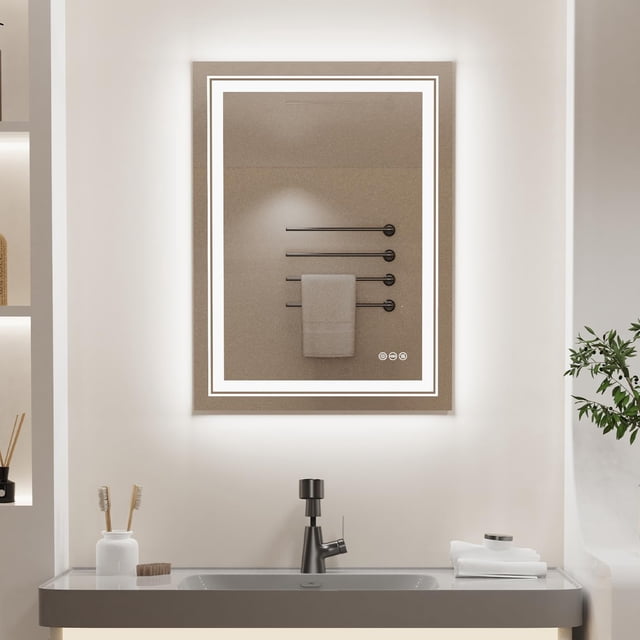 Wisfor Bathroom Mirror with LED Light: 24x32 Inch Wall Lighted Mirror Illuminated Anti-Fog Dimmable Makup Mirror with Smart Sensors Vertical and Horizontal, Front Light + Backlit, IP65 Rated