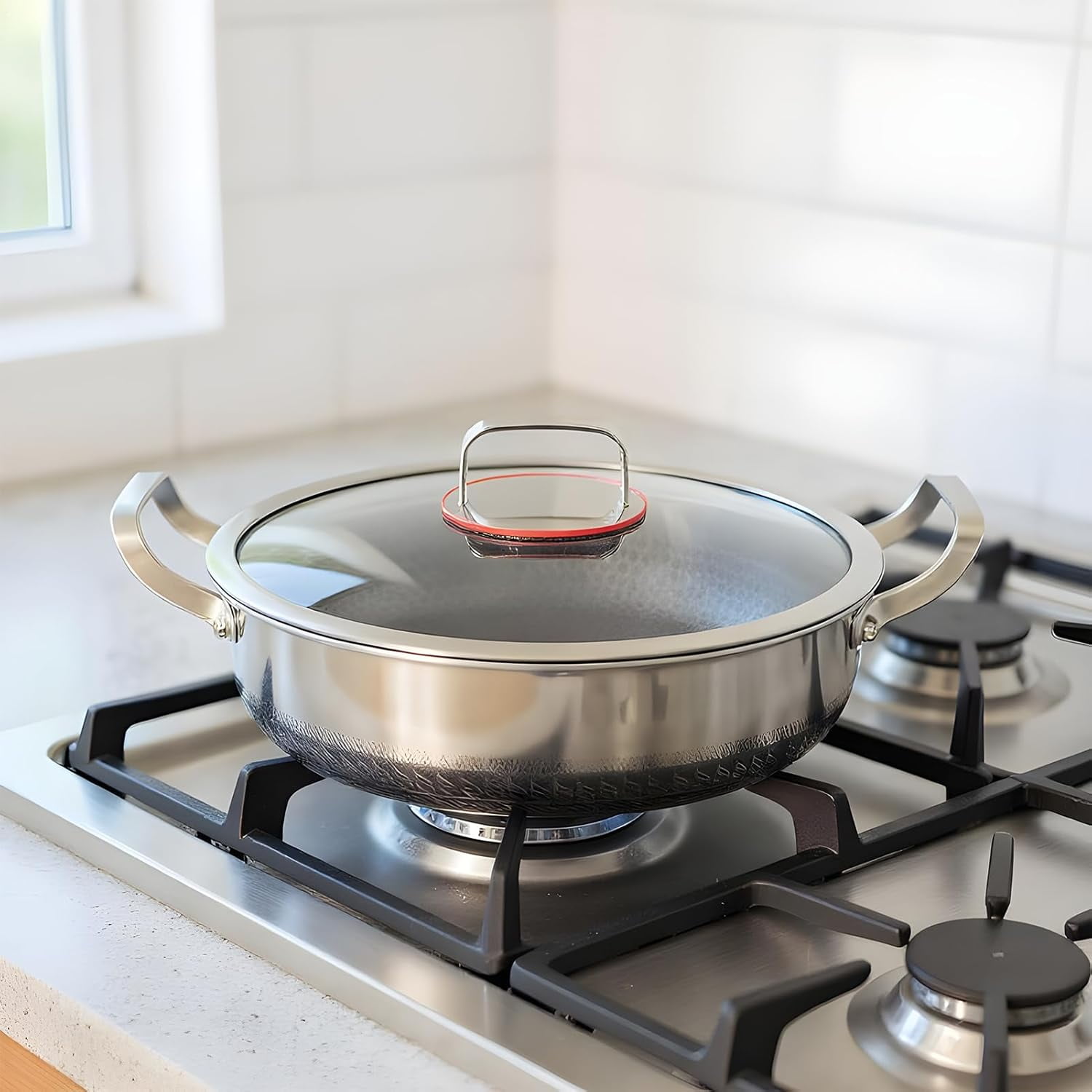 Double Handle Stainless Steel Hammered Pan with Lid, 26cm Non Stick Frying Pan Pro Cookware for Cooking, Scratch-Resistant, Suitable for All Cooktops（1pcs）