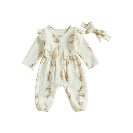 

Baby Girl Cotton Blend Clothes Carrot/Bunny Print Romper Frill Ruffle Soft Long Sleeve Jumpsuit Headband Set Easter Outfit