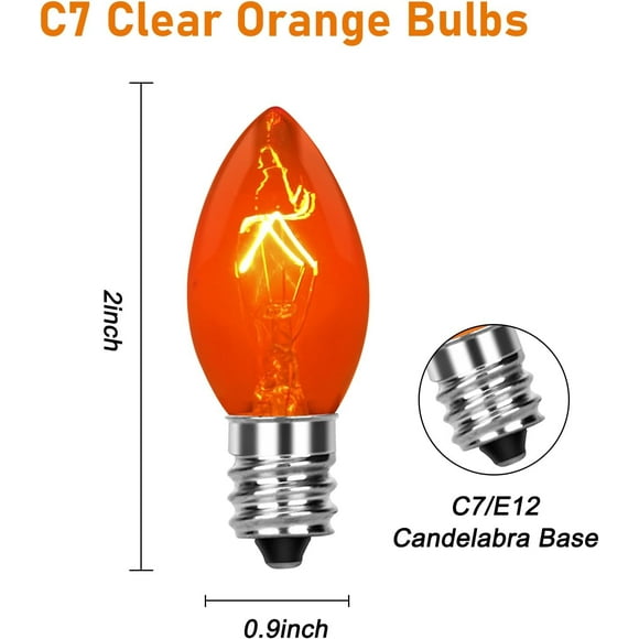 TRHOO-25 Pack C7 Orange Halloween Light Bulbs, Clear Replacement E12 Candelabra Base Bulbs for Christmas Outdoor String Lights Candles, Night Lights 5W 120V