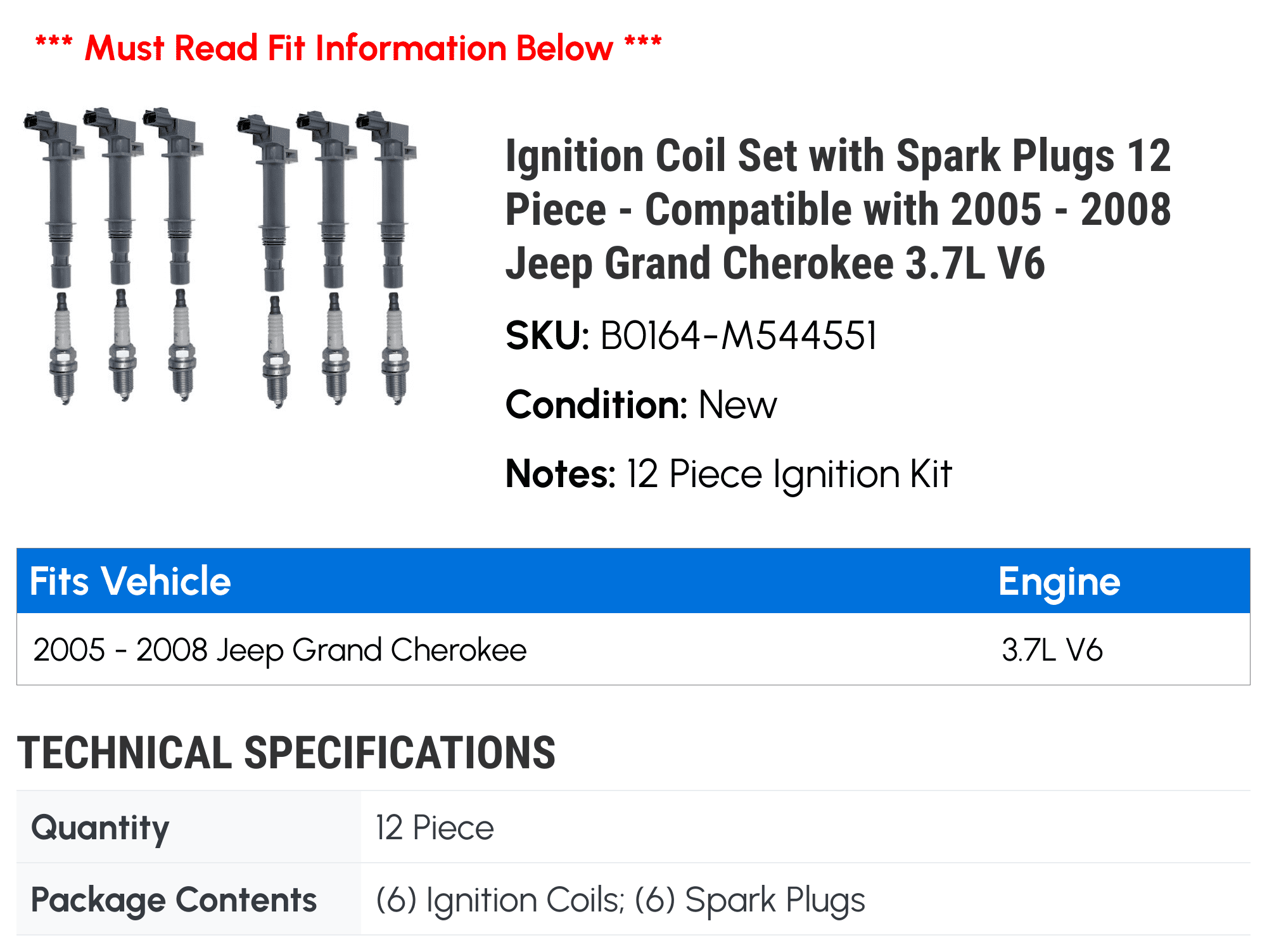 Ignition Coil Set with Spark Plugs 12 Piece - Compatible with 2005 - 2008 Jeep Grand Cherokee 3.7L V6 2006 2007