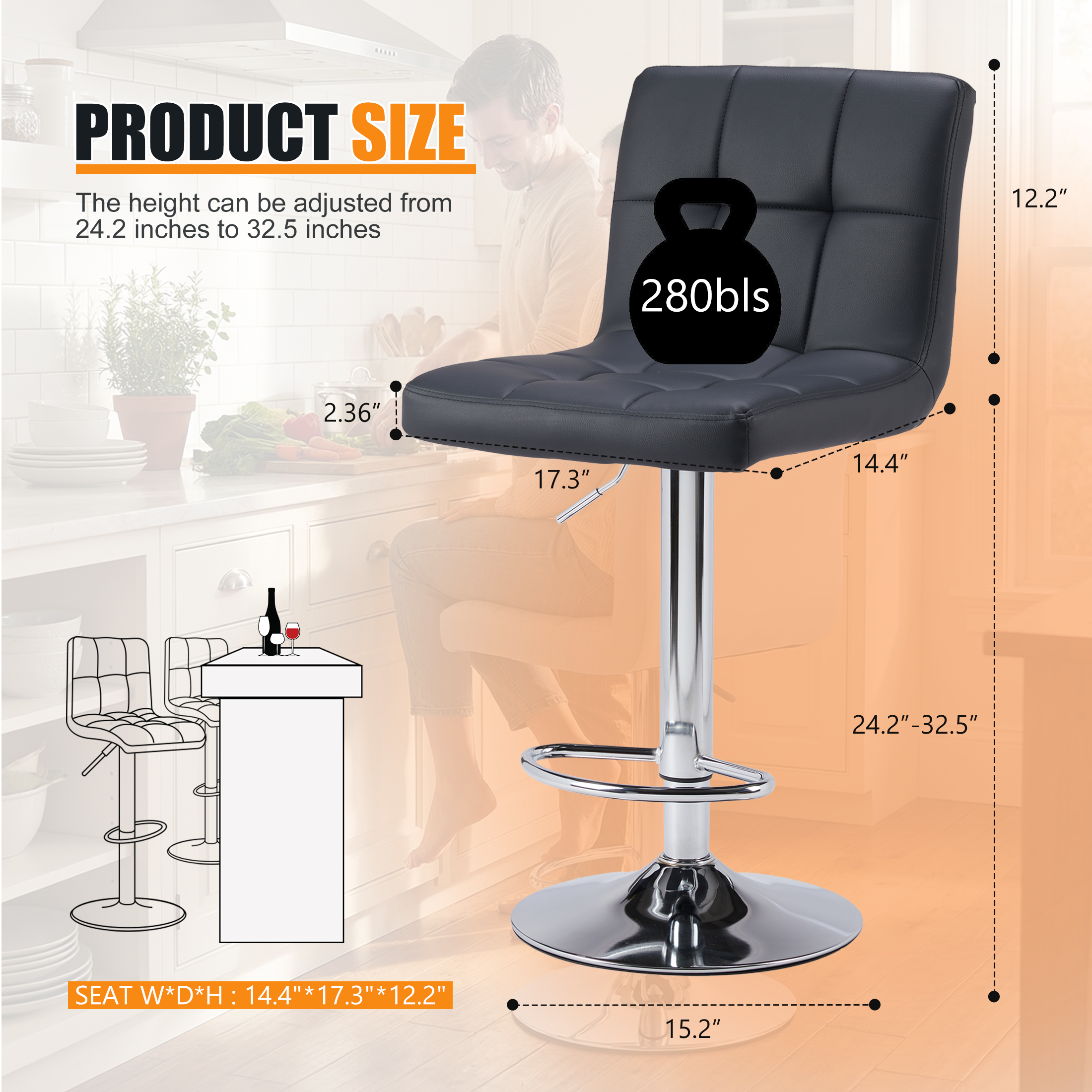 Concetta Set of 2 Adjustable Swivel Bar Stools, Black photo 8