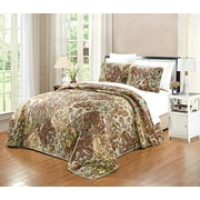 3-Piece Fine Printed Oversize (100" X 95") Quilt Set Reversible Bedspread Coverlet Queen Size Bed Cover (Multi Color, Sage Green, Paisley, Floral, Vine Patchwork)