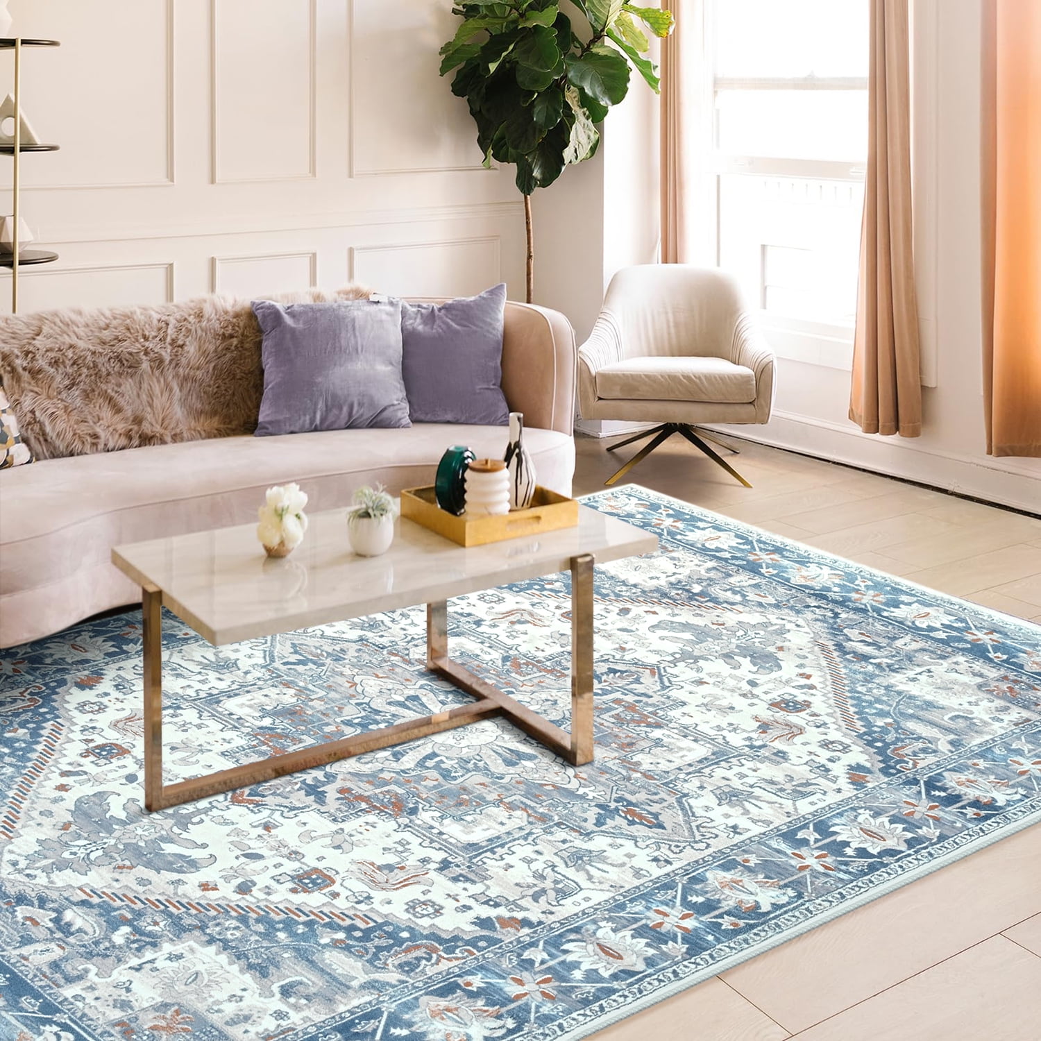Lochas Vintage Floral Rugs Soft Accent Area Rug Low-Pile Carpet for Living Room Bedroom Home Decor,10'x14',Beige