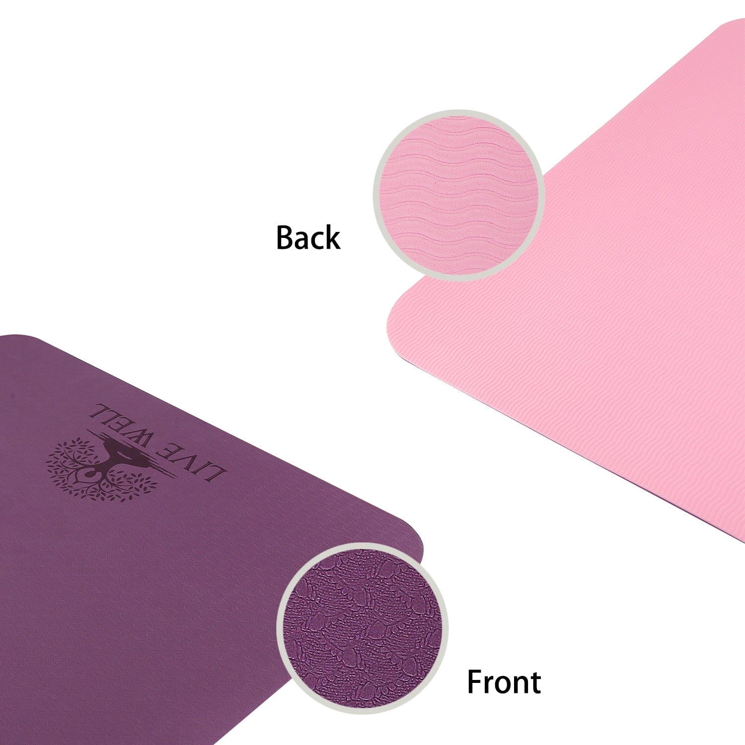 LIVE WELL Dual Color TPE Yoga Mat - Purple/Pink, 6X2ft 6mm Thick