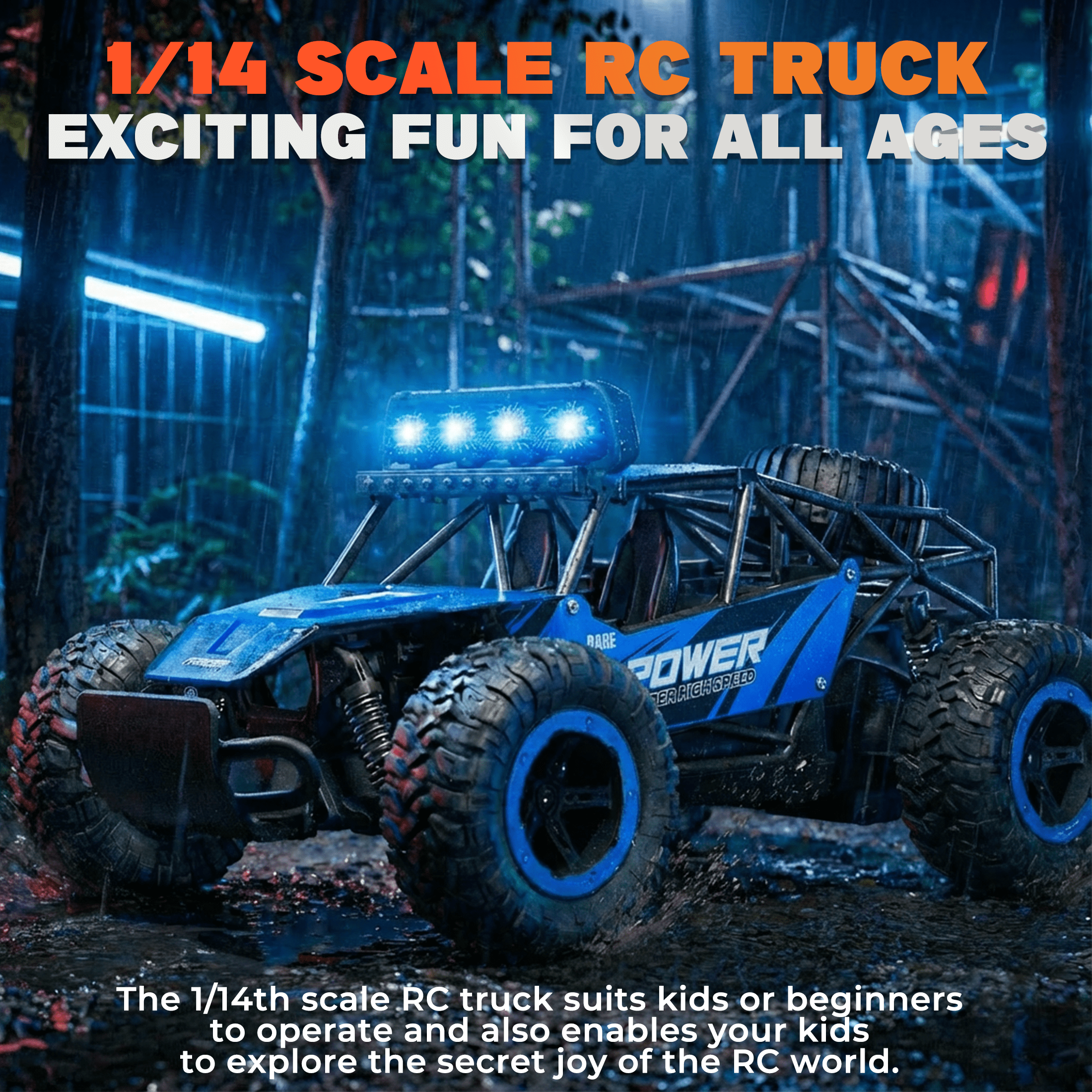 YCFUN RC Cars, 1:14 Scale Off-Road RC Monster Truck with Lights, Metal Shell & 2 Batteries, 2.4Ghz Remote Control Car Crawler for Kids Adults, Blue