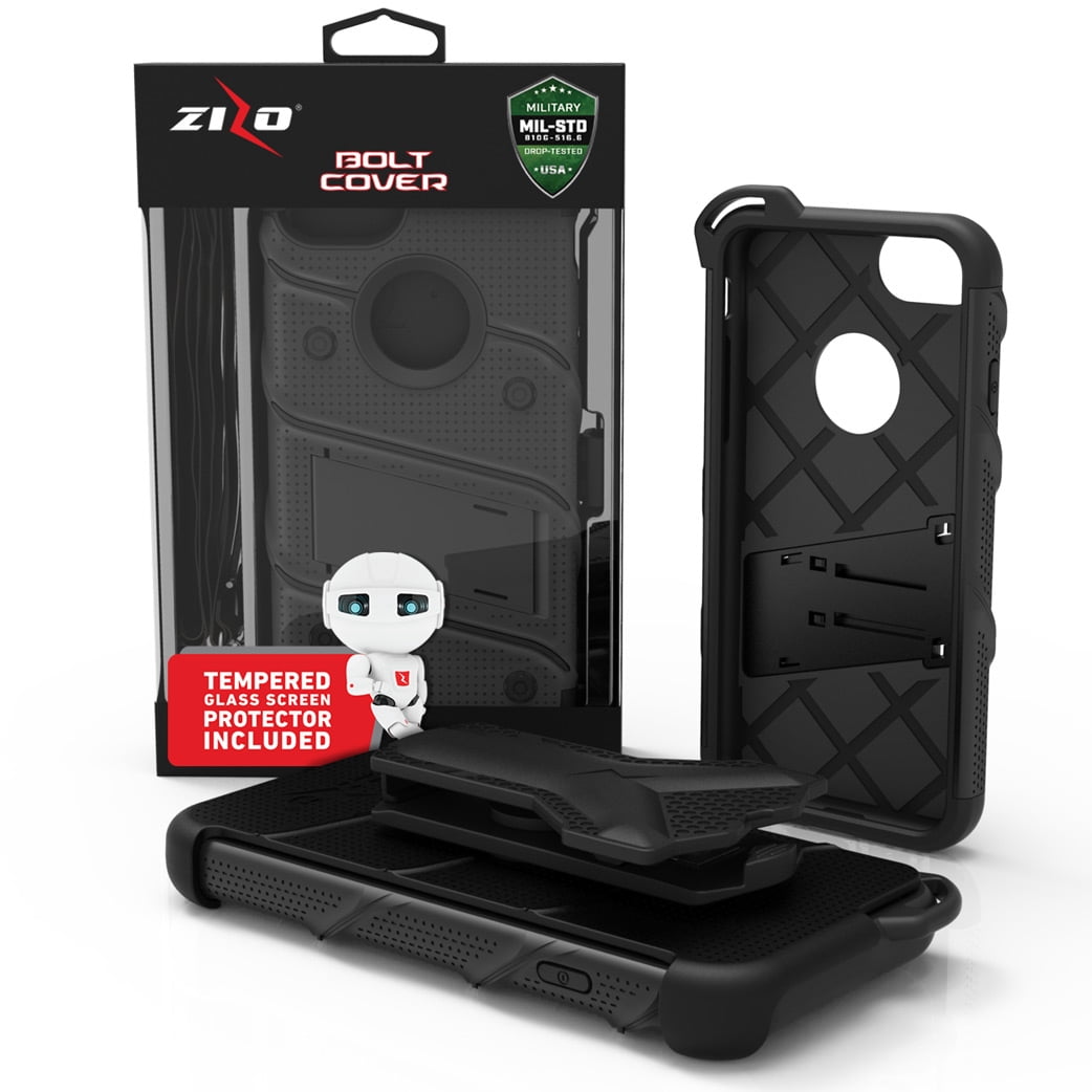 ZIZO BOLT Series for iPhone SE (3rd and 2nd gen)/8/7 Case with Screen Protector Kickstand Holster Lanyard - Black & Black
