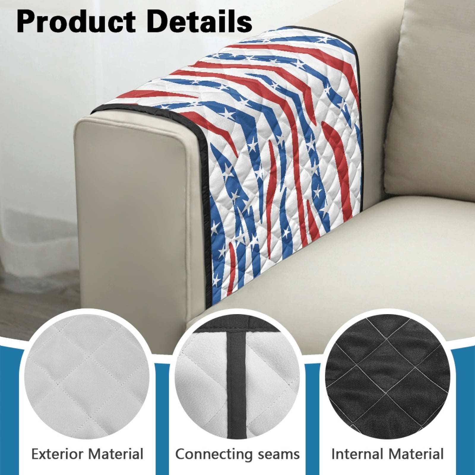 TSOVTHRID Blue Red Stripe Star Print Couch Arm Rest Cover Anti-Slip Furniture Protectors for Pet Cat Dog, Stain Resistant Arm Covers for Sofa with 2 Pockets Modern Home Decor