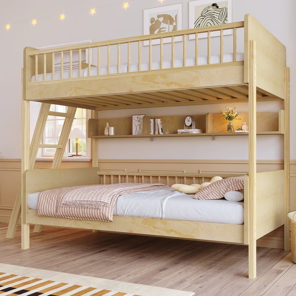 Yoneston Twin Over Twin Size Bunk Bed with 3 Storage Shelves, Wooden Platform Bed Frame with Safety Guardrails & Adjustable Ladder for Kids Teens Bedroom Dorm, Natural
