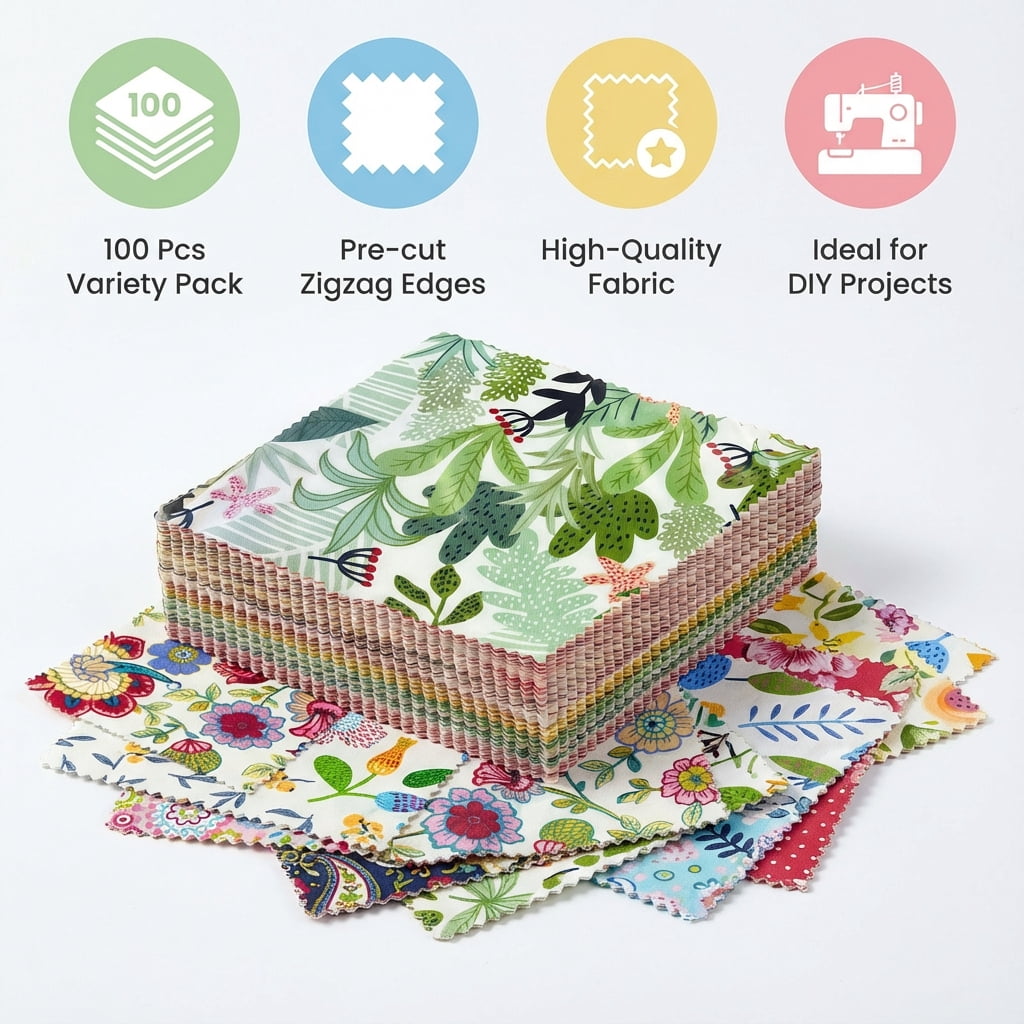 iMZoon 100Pcs 5" x 5" Quilting Cotton Fabric Squares with Wavy Edges Charm Packs for Quilting 5 Inch, Fabric Scraps Floral Squares