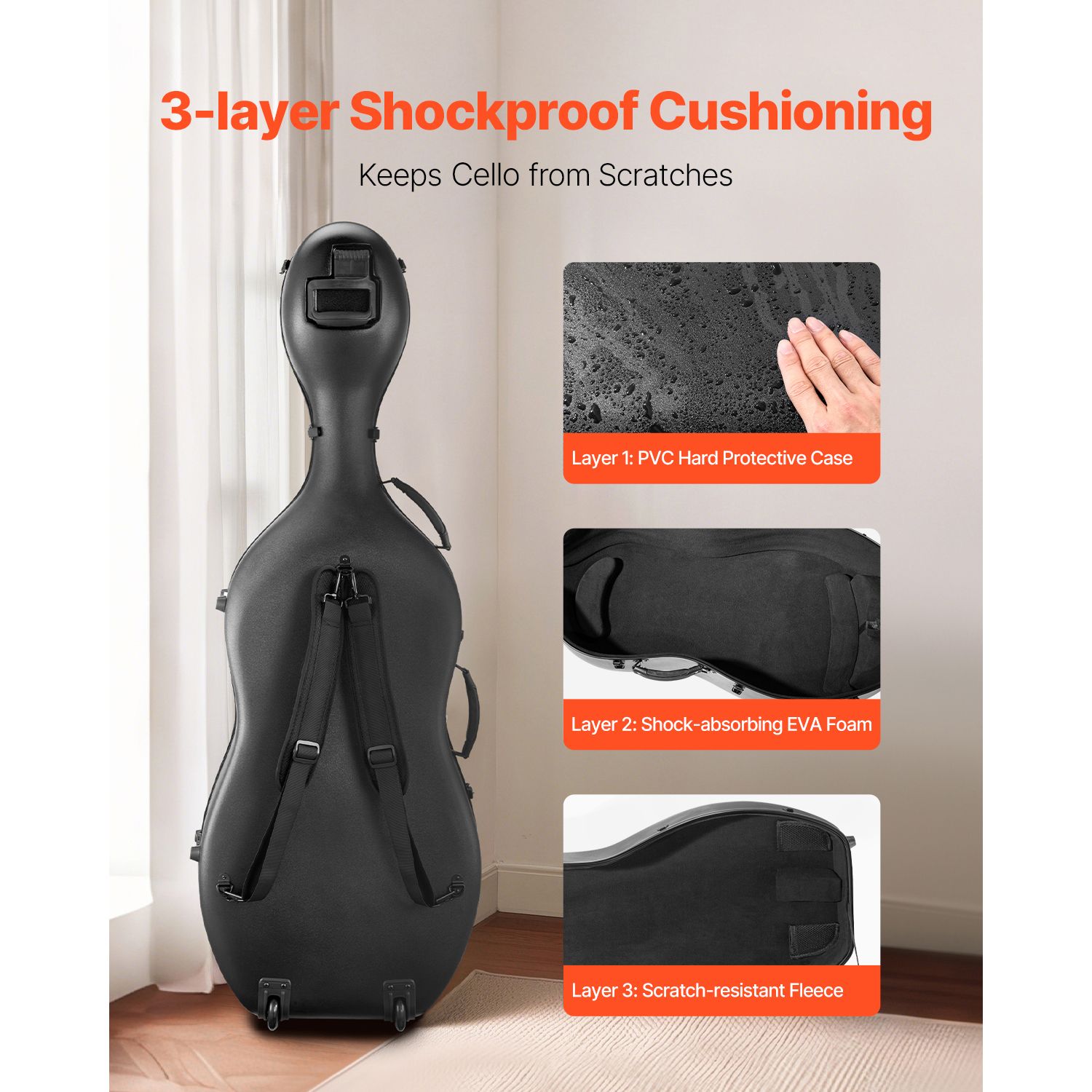 4/4 Full Size Cello Case, Composite Carbon Fiber, Lightweight Portable Travel Carrying Bag, with Plush Lining, Dual Shoulder Straps, Anti-Scratch, Professional Cello-Shape, for Cello, Black