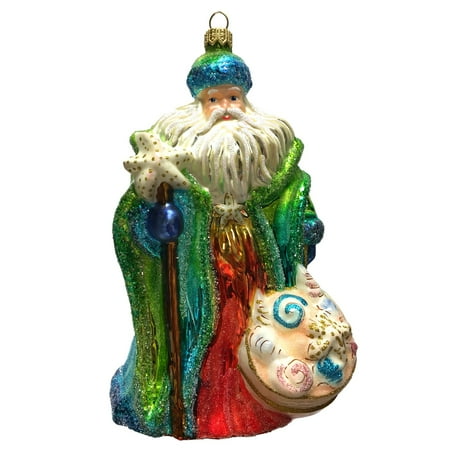 - King Neptune Santa with Seashells Polish Glass Christmas Tree Ornament Beach