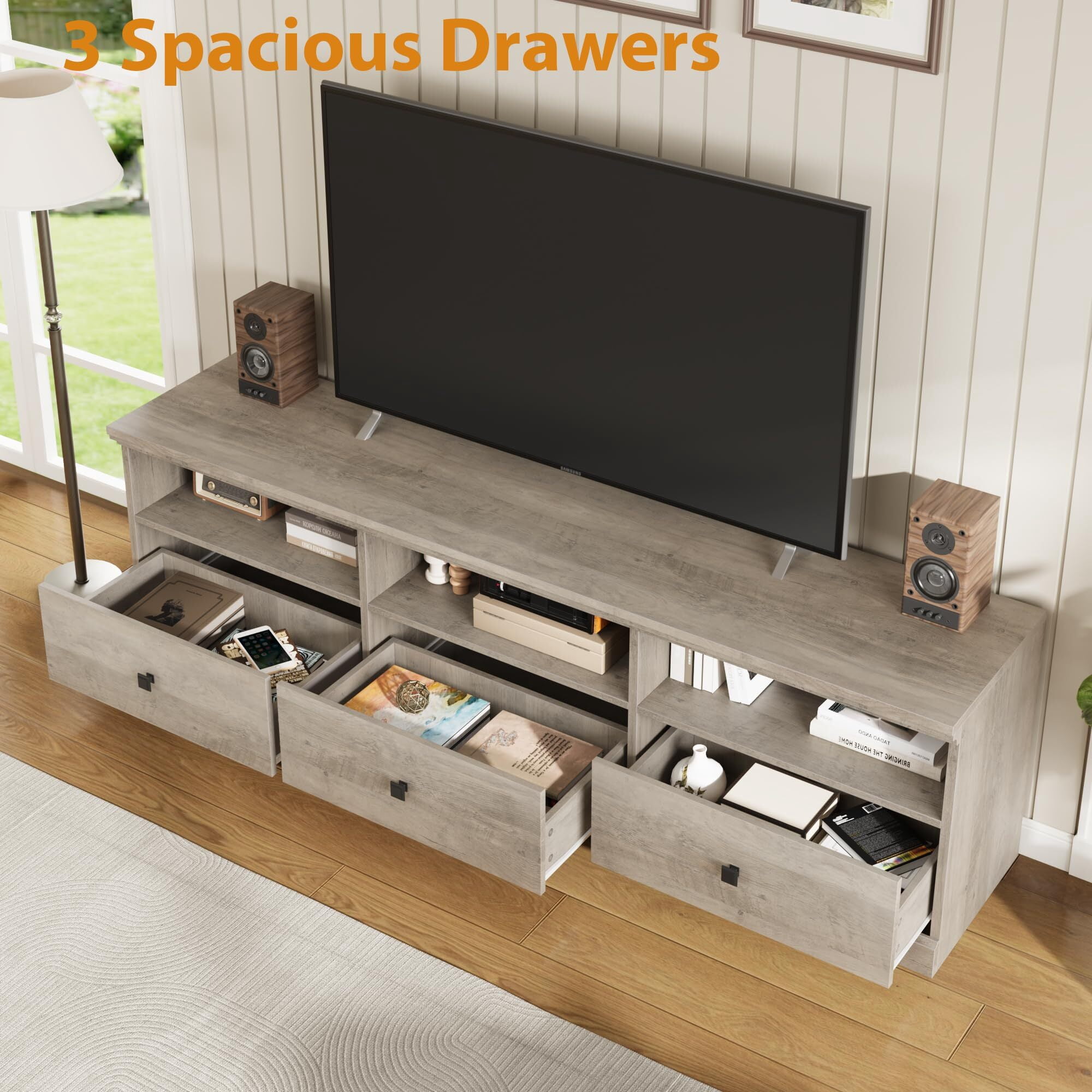 Emorefun 70 Inch Farmhouse TV Stand, Entertainment Center with Storage Drawer & Open Shelves for TVs up to 75 Inch, Gray