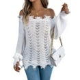 thumbnail image 3 of Women'S Solid Color Openwork Long-Sleeved Sweater, Off-Shoulder Knit Pullover White XL, 3 of 9