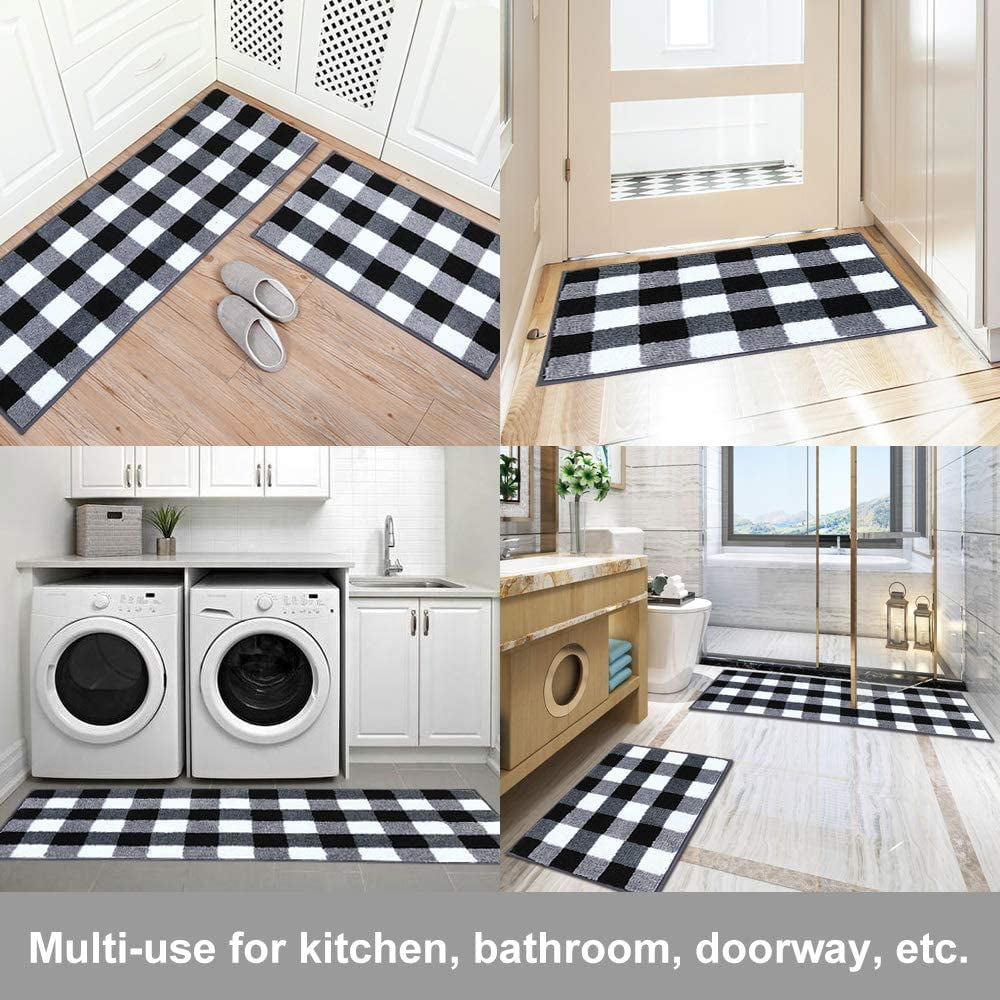 2 Pieces Buffalo Plaid Check Rug Set Water Absorb Microfiber Non-Slip Kitchen Rug Bathroom Mat Checkered Doormat Carpet for Laundry 17"x48"+17"x24", Black and White
