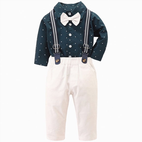 Wonitaaizi New Baby Boy Gentleman Outfit Bow Tie Button Down Dress Shirt Top Suspenders Pants 2Pcs Newborn Outfits (18-24 Months,Dark Green)
