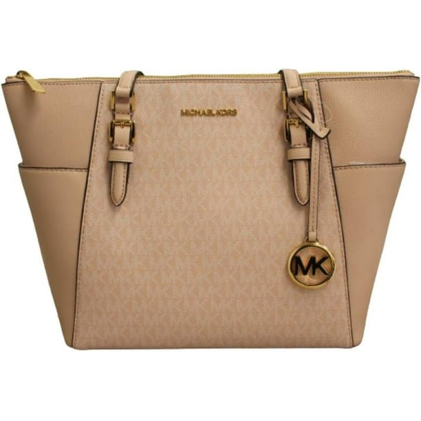 Michael Kors Charlotte Large Light Powder Blush Signature PVC Top Zip Tote Handbag