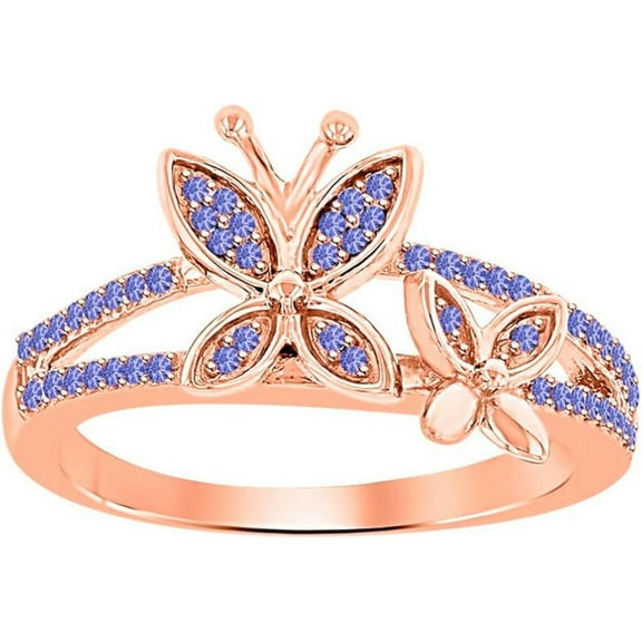 925 Sterling Silver 14K Rose Gold Plating Round Cut Gemstone Tanzanite Butterfly Engagement Ring For Women