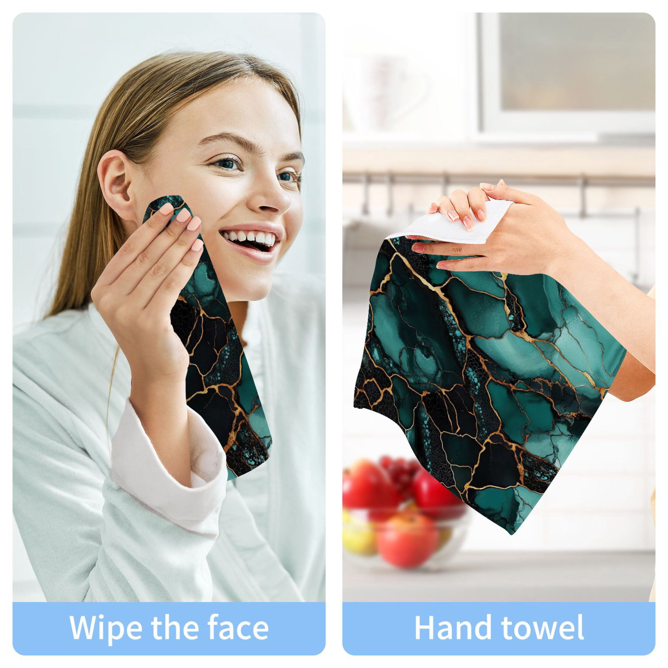 Dark Green Gild Marbles 100% Cotton Face Towel 12x12in Soft Absorbent Washcloth Durable Printed Hand Towels for Bathroom Travel 6 Pcs