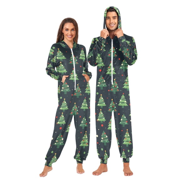 Adult Christmas Onesie Green Christmas Tree Zipper One-Piece Pajamas Unisex with Pockets
