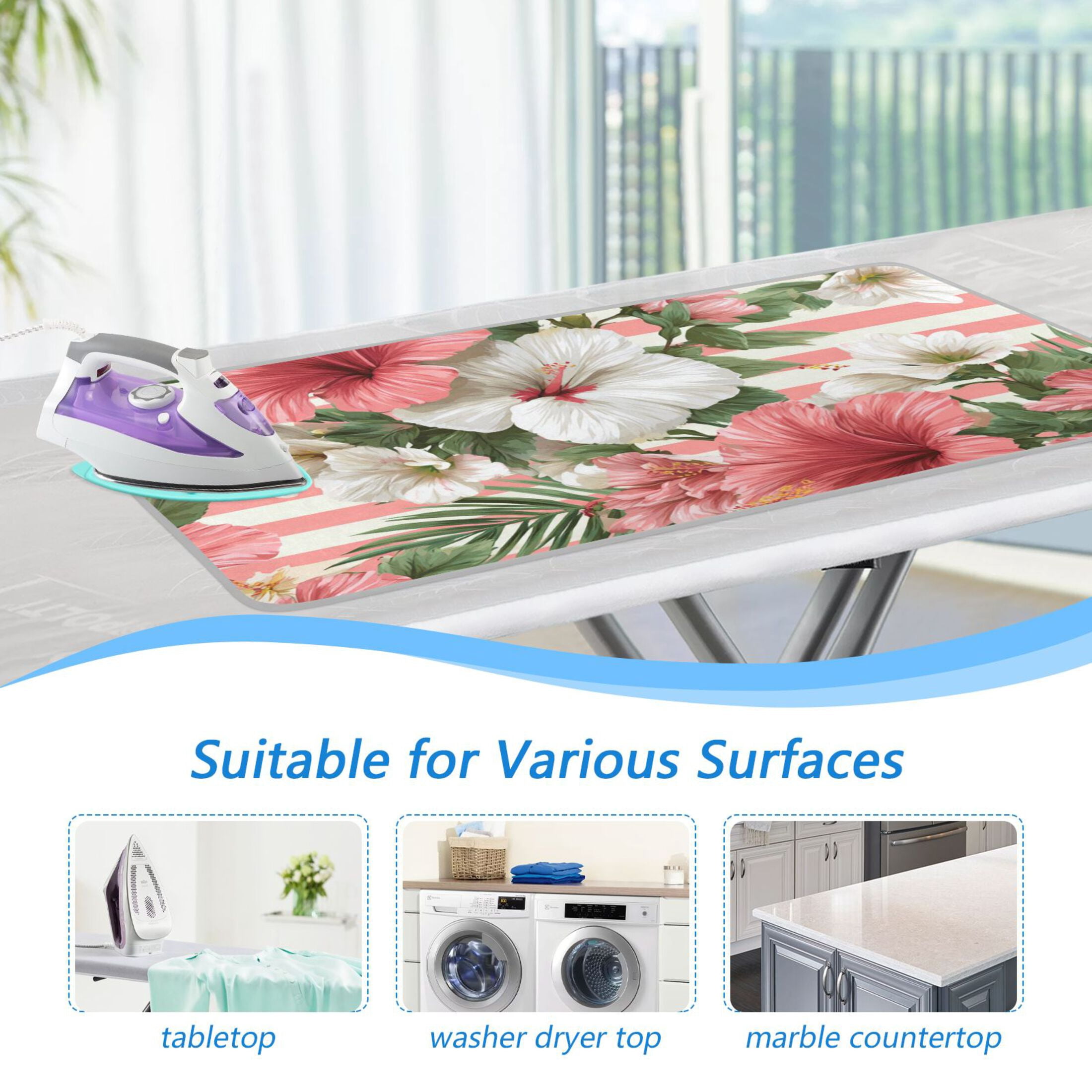 Pink Stripes Hawaiian Flowers Ironing Mat Blanket Portable Travel Ironing Pad Heat Resistant Pad 47.2" x 27.6”