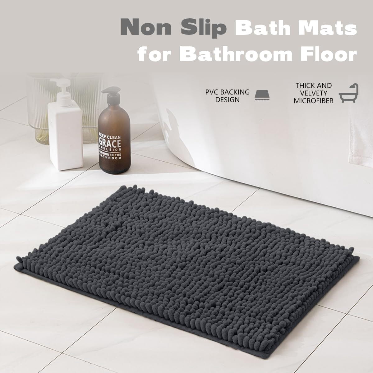 GoXteam Bathroom Rugs Chenille Bath mat 3 Piece Set, Super Absorbent, Strong PVC Non Slip Backing, Bath mats for Bathroom, Plush Shaggy, Thick, Machine Washable, Bathtub, Toilet, Coral