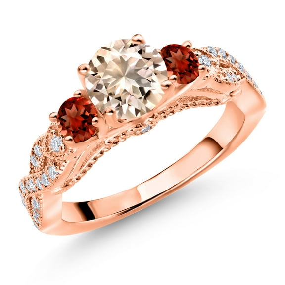 Gem Stone King 18K Rose Gold Plated Silver Peach Morganite Red Garnet and White Moissanite Engagement Ring for Women (1.17 Cttw, Gemstone October Birthstone, Round 6MM and 3MM, Size 5)