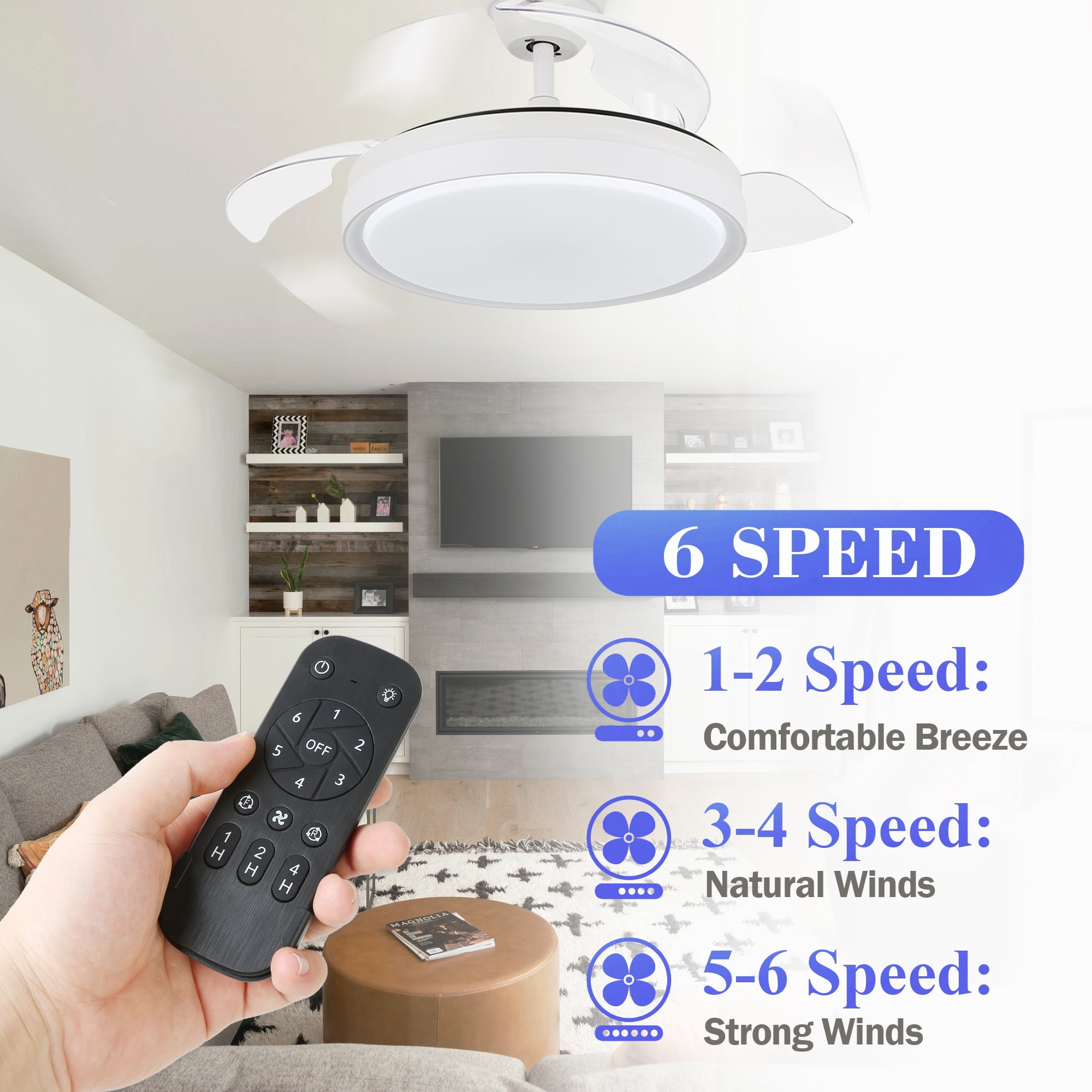 42" Retractable Ceiling Fan Reversible With Remote Control and Light Kit